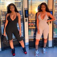 Wholesale Sexy V Neck Bodycon Rompers Womens Backless Criss Cross Jumpsuit Strap Sporty Workout Skinny Active Wear Solid Jumpsuits New
