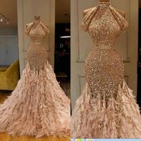 Wholesale Newest Glitter Mermaid Evening Dresses Champagne Feather Sequins High Neck Lace Formal Party Gowns Custom Made Long Prom Dresses