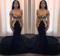 Wholesale 2019 Black With Gold Appliques Mermaid Prom Dresses Junior Sweet Party Elegant Off Shoulder Long Evening Gowns