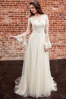 Wholesale Beach Wedding Dress Flare Long Sleeves Vestido de novia Boho A Line Ivory Tulle Bridal Gowns Sweep Length Wedding Gown