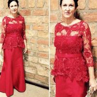 Wholesale Sheer Neck Cheap Formal Evening Dresses Modest Red Mermaid Mother of the Bride Groom Dresses With Long Sleeves Mothers Dresses Lace Jewel