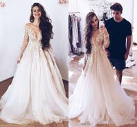 Wholesale White Modern A Line Wedding Dresses Sexy Long Sleeves Sheer V Neck Long Sleeves With Appliques Summer Tulle Long Bridal Gowns Plus Size