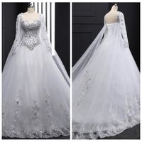 Wholesale 2021 Real Photo Beaded Crystal A line Wedding Dresses Sweetheart Appliques Sequins Long Sleeves Lace Up Back Bridal Gowns Custom