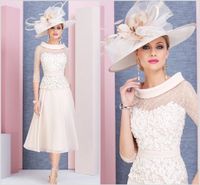 Wholesale Light Pink Chic Mother Of The Bride Dresses Scoop Neck Long Sleeves Prom Dress Tea Length Lace Formal Wedding Guest Gowns Cheap