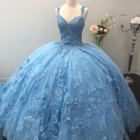 Wholesale Light Sky Blue Quinceanera Dresses Amazing D Lace Appliques Hand Made Flowers with Beads Ball Gown Sweet Vestidos Evening Gowns