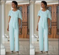 Wholesale Custom Made Mother of the Bride Dresses Pants Suits Wedding Guest Dress Silk Chiffon Short Sleeve Tiered Mother of Bride Pant Suits