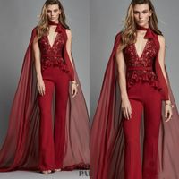 Wholesale Zuhair Murad Red Evening Dresses With Warp Deep V Neck Lace Appliques Fashion Women Jumpsuits Custom Made Prom Dress Chiffon Party Gowns