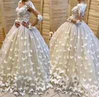 Wholesale Custom Long Sleeves Lace Ball Gown Wedding Dresses with Butterfly Appliques D Flowers Court Train Wedding Bridal Gowns