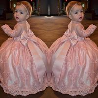 Wholesale Blush Pink Lace Little Flower Girl Dresses For Wedding Long Sleeves With Big Bow Kids Glitz Pageant Communion Birthday Party Dress