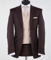 Wholesale Groom New Design Chocolate Brown Peak Lapel Groom Tuxedos Groomsmen Wedding Blazer Suits Business Suits Jacket Pants Vest BM1203