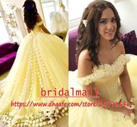 Wholesale Yellow D Floral Flowers Long Prom Dresses New Off The Shoulder Ball Gown Quinceanera Dress Sweet Party Dress Formal Evening Wear