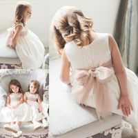 Wholesale Cheap Sleeveless Tulle Satin Flower Girls Dress Simple Jewel Neck Tea Length Child First Holy Communion Dresses With Bow