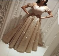 Wholesale Gold Color Evening Dresses Saudi Arabia Dubai A Line Off Shoulder Holiday Wear Formal Party Prom Gowns Plus Size