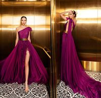 Wholesale Sexy Backless Grape Prom Dresses One Shoulder A Line Sweep Train Metal Belt Evening Dress High Split Long Formal Party Gowns