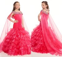 Wholesale Red Organza Mermaid Pageant Dresses For Little Flower Girls Dresses Beaded Rhinestones Shawl Ruffle Graduation Party Evening Dress new