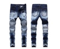 Wholesale New hot style stretch slim folding locomotive men s trousers small straight tube deep blue grinding white folding locomotive men s trousers