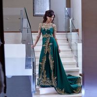 Wholesale Vestido de noiva Arabic Kaftan Emerald Green Evening Dresses Long Half Sleeve Gold Appliques Prom Party Dress Formal Dress