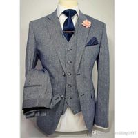 Wholesale Formal Winter Men Suits Three Piece Slim Fit Tweed Notched Lapel Groom Wedding Tuxedos Jacket Pants Vest Male Blazer
