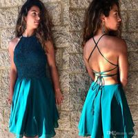 Wholesale Teal Halter Lace A line Homecoming Dresses Criss Cross Back Chiffon Sleeveless Cocktail Party Dress Backless Short Prom Dresses