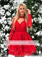 Wholesale New Arrival Red Short Full Lace Cocktail Dresses V Neck Pearls Long Sleeves Above Knee Length Sexy Homecoming Party Graduation Dress