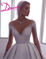 Wholesale 2019 luxury Princess Ball Gown crystals Wedding Dresses Arabic illusion long sleeves Bridal Gown Sweep train Wedding Gowns cheapest