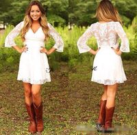 Wholesale Modest Short Lace Cowgirls Country Wedding Dresses with Long Sleeves Knee Length Bohemian Bridal Gowns Reception Dress for Garden