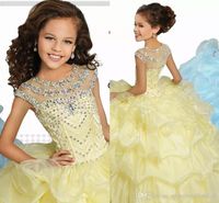Wholesale Light Yellow Princess Ball Gown Girls Pageant Gowns Cap Sleeves Crystals Beaded Ruffles Performance Dresses Kids Formal Party Gowns