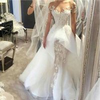 Wholesale 2019 Lace Mermaid Wedding Dresses Sheer Neck Long Sleeves Appliques Saudi Arabic Wedding Gowns With ShortTrain Bridal Dresses BC0510