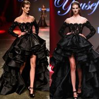Wholesale Charming Black High Low Prom Dresses New Beaded Lace Organza Long Sleeve Sheer Neck Ruffles Tiered Formal Evening Prom Gowns