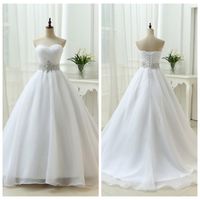 Wholesale Sweetheart A Line White Wedding Dresses Crystal Waist Lace Up Back Bridal Gowns Vestidos De Marriage Surplice Bodice