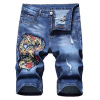 Wholesale Men s Jeans Sokotoo Dragon Embroidery Patch Denim Shorts Summer Trendy Slim Ripped Knee Length Capri
