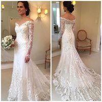 Wholesale Elegant Long Sleeves Lace Sheath Wedding Dresses Off The Shoulder Tulle Applique Wedding Bridal Gowns robes de mariée BA4066