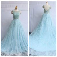 Wholesale Elegant Scoop A Line Tulle Baby Blue Prom Dresses with Sweep Train Pearls Crystals Beading Party Dress Corset Evening Cocktail Dress