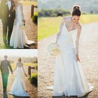 Wholesale 2019 Gorgeous White Long Sleeves Boho Wedding Dresses Simple Beach Garden Satin Bridal Gowns Formal Wedding Guest Dress Vestidos De Novia