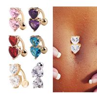 Wholesale 6 Colors Reverse Crystal Bar Belly Ring Gold Body Piercing Button Navel Two Heart body pierce jewelry K2682