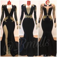 Wholesale African Black Mermaid Prom Dresses With Gold Appliques Mix Style Tight Holiday Long Formal Dresses Sexy Backless Sleeves Evening Gowns