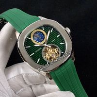 Wholesale New Sport Green Dial Automatic Moon Phase Tourbillon Mens Watch Steel Case Green Rubber Strap High Quality Watches Color Hello_watch