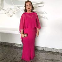 Wholesale Fuchsia Chiffon Long Mother of the Bride Dress with Jacket Cape Column Floor Length Wedding Party Guest Formal Evening Gowns