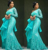 Wholesale Aso Ebi Blue Sexy Evening Dresses Long Sleeves Lace Mermaid Prom Gowns One Shoulder Nigerian Style Women Formal Party Gowns