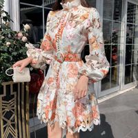Wholesale 2020 A Line Red Embroidery Hollow Out Lace Dress Women Ruffles Stand Collar Lantern Sleeve Single Breasted Sashes Mermaid Short Party Dress