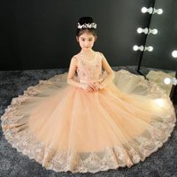 Wholesale 2019 New Glizt Long orange Appliques Lace First Communion Dress Party Ball Gown Girls Pageant Gown Flower Girl Dresses for Weddings