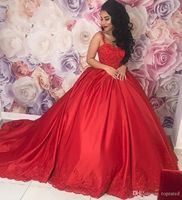 Wholesale Elegant Red Prom Dresses A Line Ball Gown Sweetheart Lace Appliques Beaded Dubai Arabic Long Womens Formal Dress Sold by Bridelee