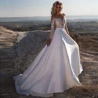 Wholesale Modest Long Sleeves A Line Satin Lace Wedding Dresses Sheer Illusion Bridal Gowns Spring Beach Wedding Wear Custom Robe De Mariee
