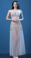 Wholesale Sexy High Quality Evening Dresses Perspective Halter Long Section Fish Tail Bag Hip Hand Bright Diamond Prom Dresses Crystal Party Dresses