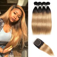 Wholesale T1B27 human hair bundles with lace closure straight ombre color honey blonde pre colored Indian extension
