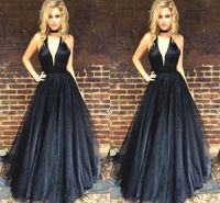 Wholesale 2019 Sexy High Neck Black Evening Dresses V neck Empire Waist Organza Open Back Prom Dress Formal Gowns Special Occasion Dress Plus Size