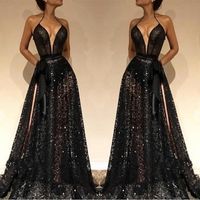 Wholesale Split Side High Black Sexy Prom Dresses Halter Neck A Line FUll Lace Sequin Backless Designer Evening Gowns BC0229