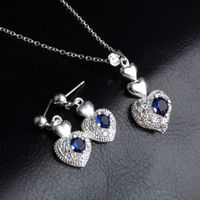 Wholesale Women Heart Zircon Jewelry Sets Sterling Silver Plated Fashion Blue Crystal Diamond Stud Earrings Necklace with Link Chain Wedding Gifts