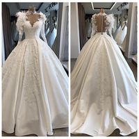 Wholesale Sheer Long Sleeves Lace Appliques A Line Wedding Dresses Beading Bridal Gowns Feather Adorned Robe De Mariee Customized Plus Size
