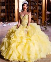 Wholesale 2019 Ball Gown Yellow Princess Quinceanera Dresses Off Shoulder Cascading Ruffles Crystal Beads Prom Party Gowns For Sweet Dress